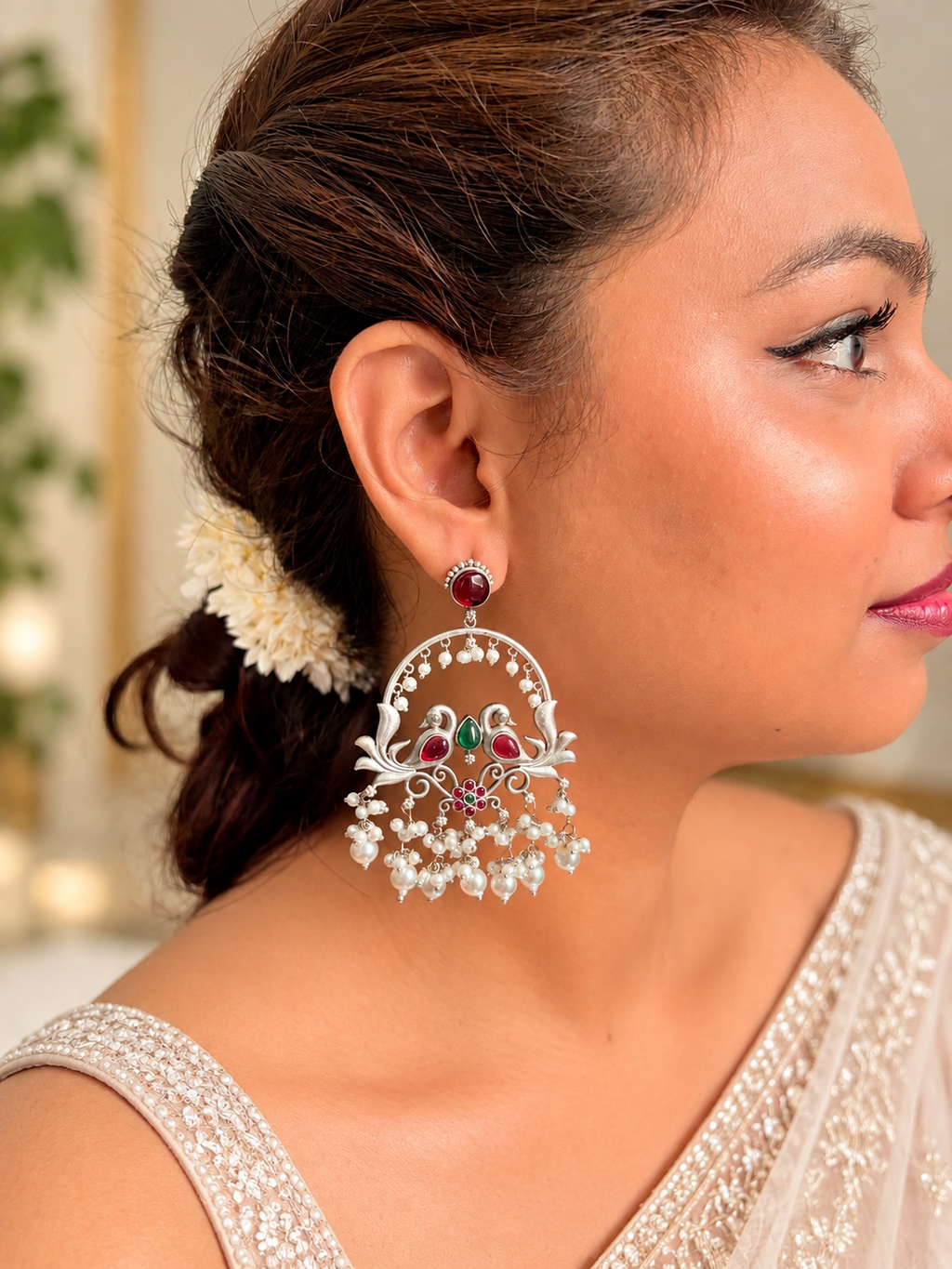 Angakh Twin Peacock Motif Chandbali Earrings