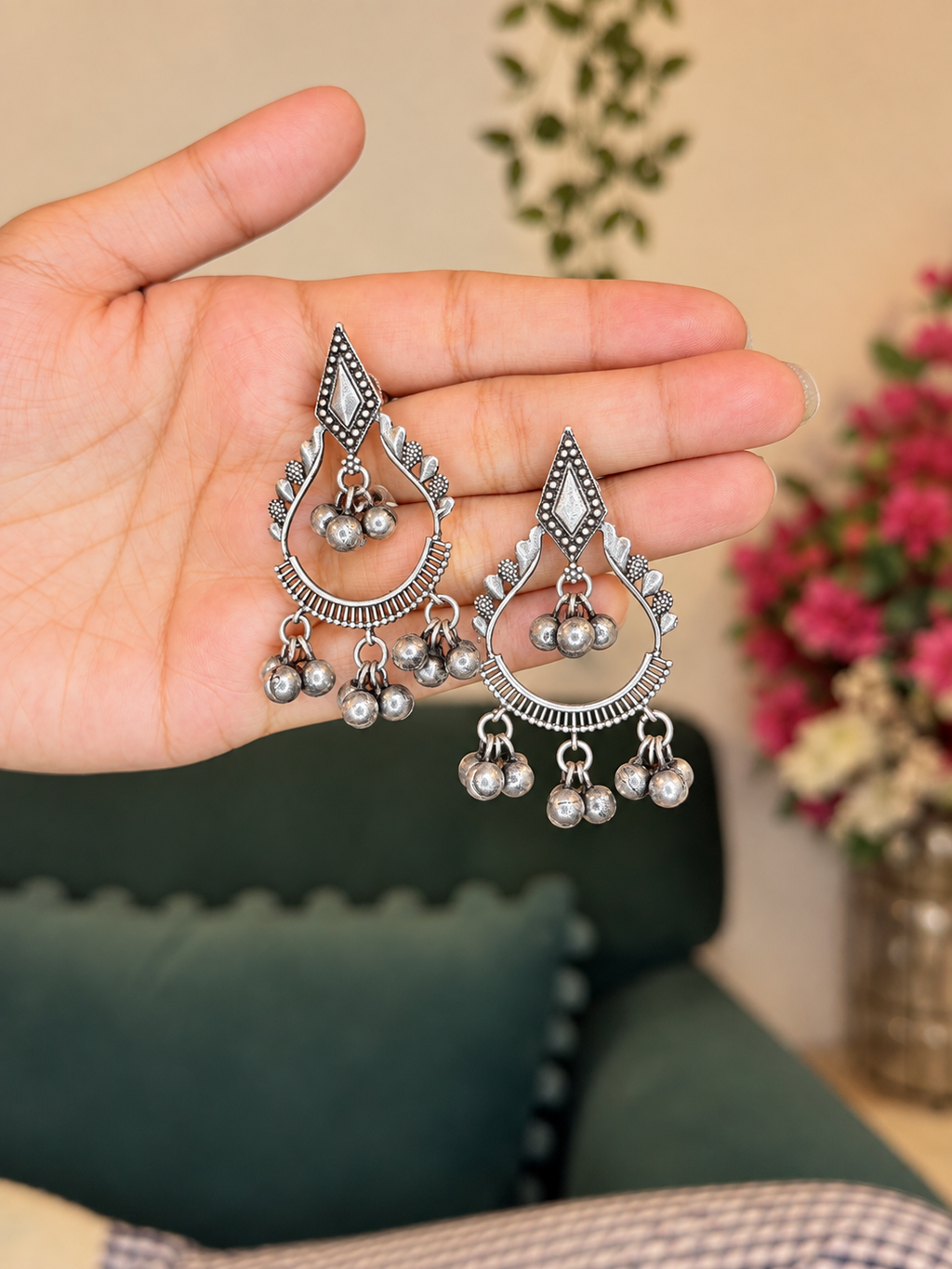 Angakh Oxidised Silver traditional statement Ghunghru Earrings
