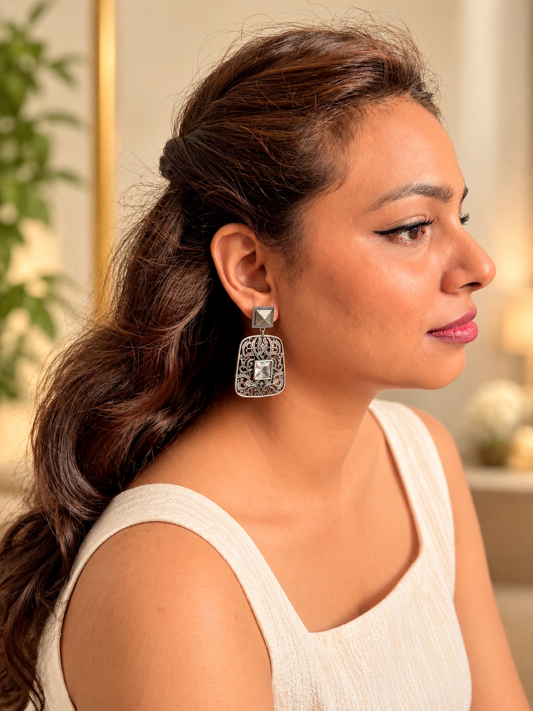 Angakh  Rectangular Filigree Statement Earrings