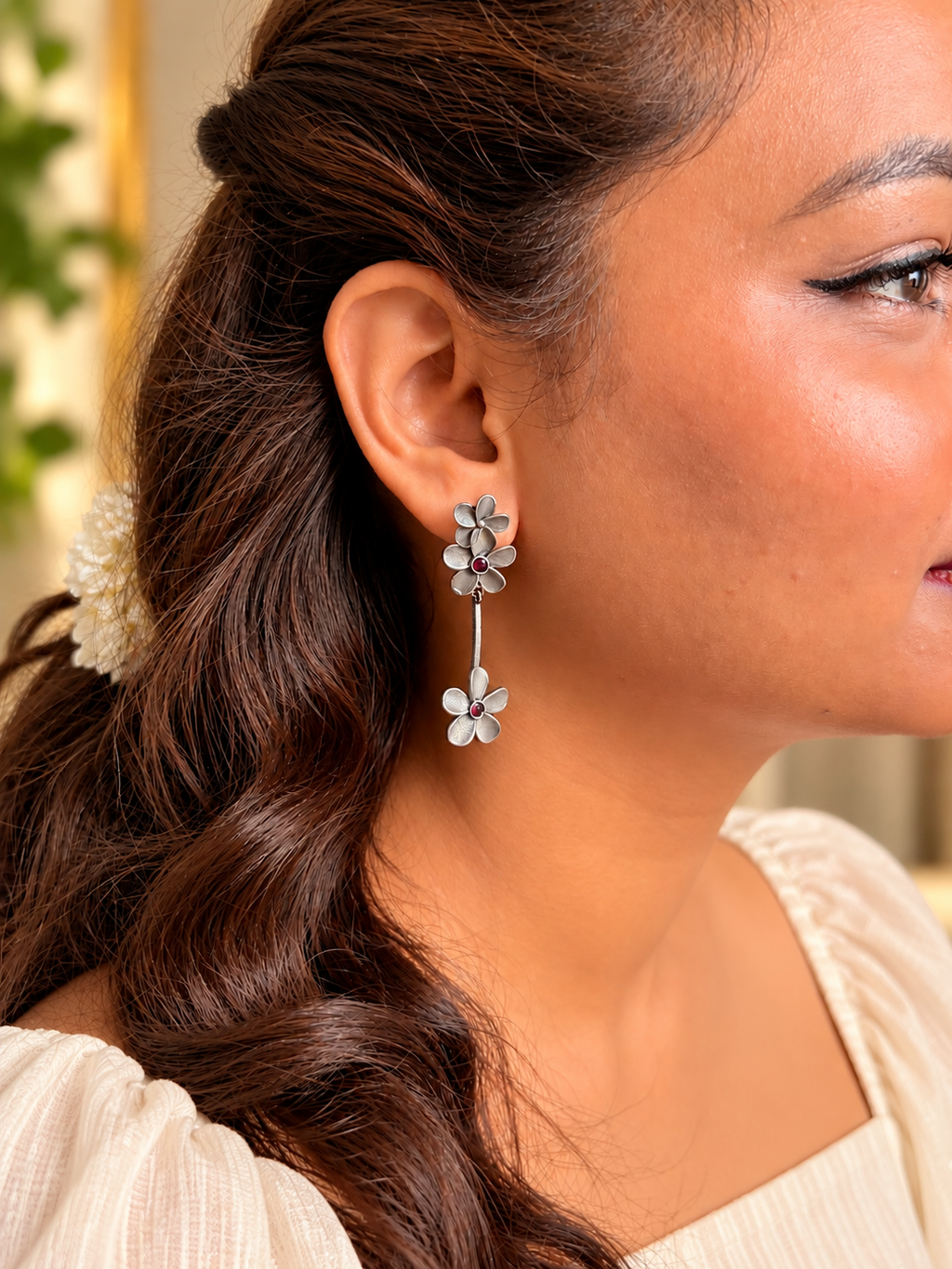 Angakh Oxidised Silver Floral Dangler Earrings