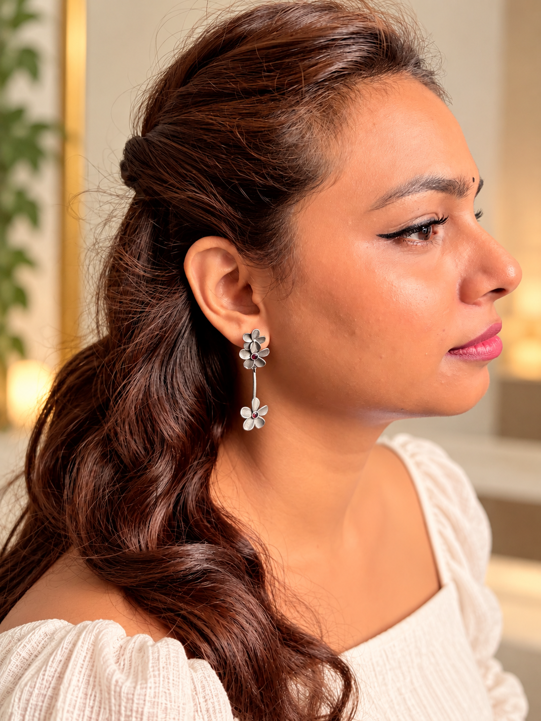Angakh Oxidised Silver Floral Dangler Earrings