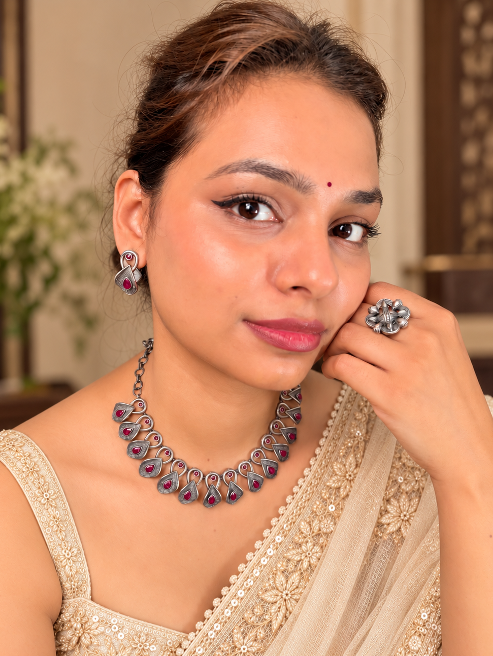 Angakh Antique Oxidized Silver plated  Leaf Motif Stone Necklace