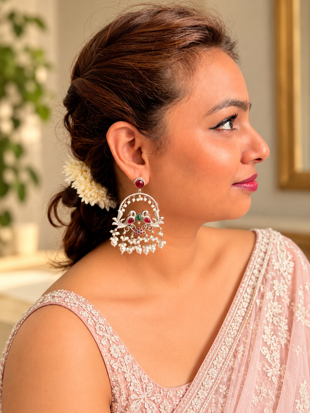 Angakh Twin Peacock Motif Chandbali Earrings