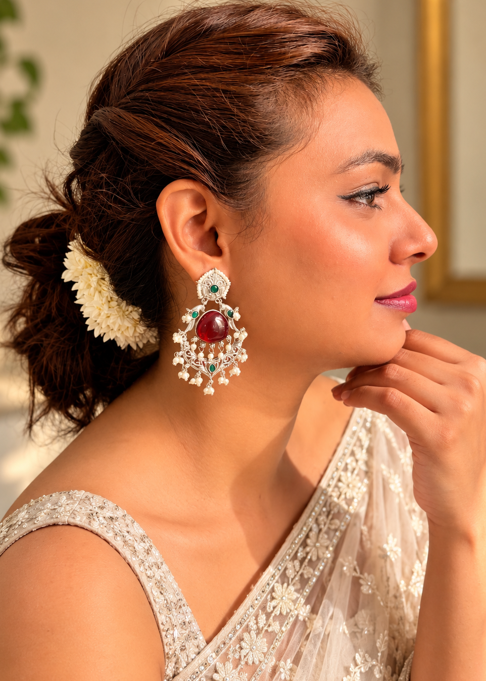 Angakh Ruby Red & Emerald Green Stone Chandbali Dangler Earrings