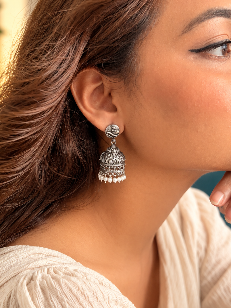Angakh Oxidized Silver Peacock Motif Dome Jhumka Earrings