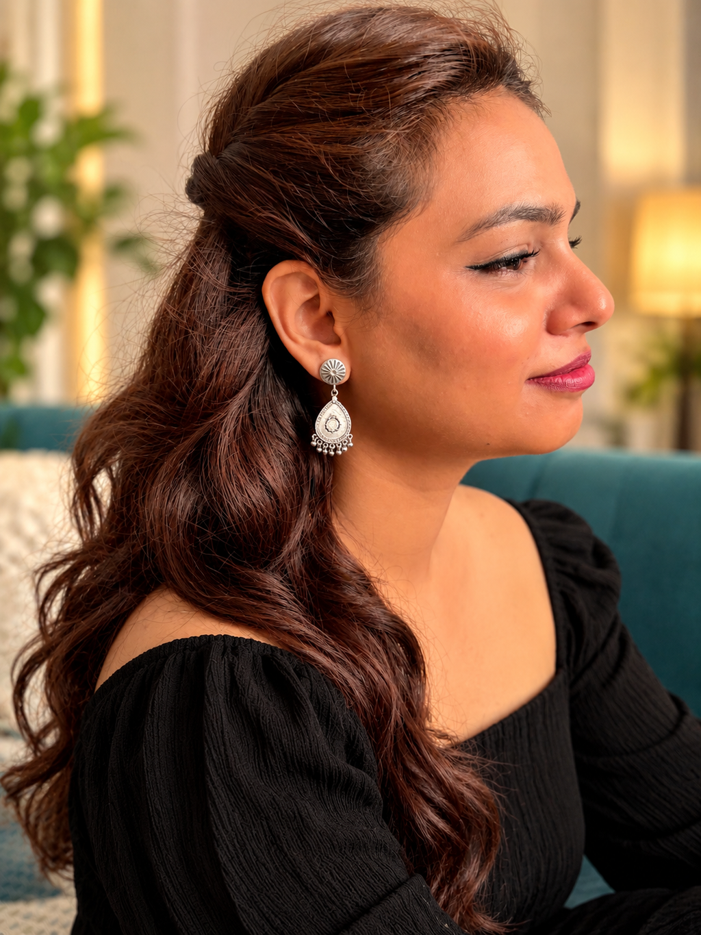 Angakh Oxidised Silver Antique Teardrop Ghunghru Earrings