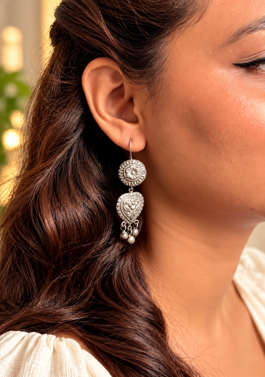Angakh Oxidised Silver Heart Drop Earrings with Ghungroo