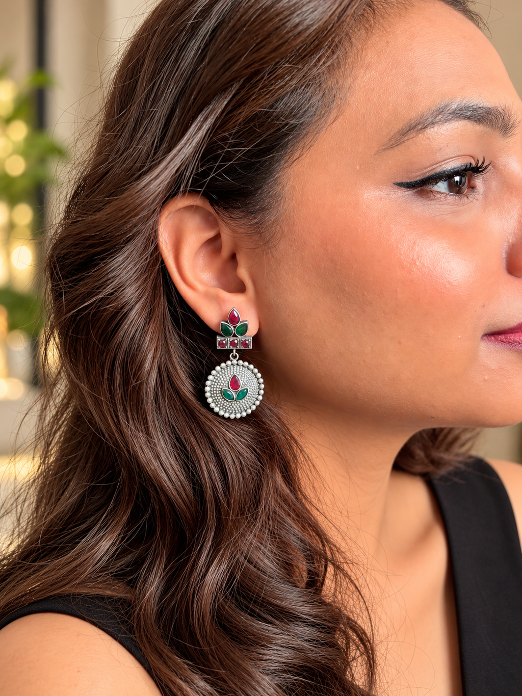 Angakh Pichwai Sacred Cow Dual tone Oxidised Silver Dangle Earrings