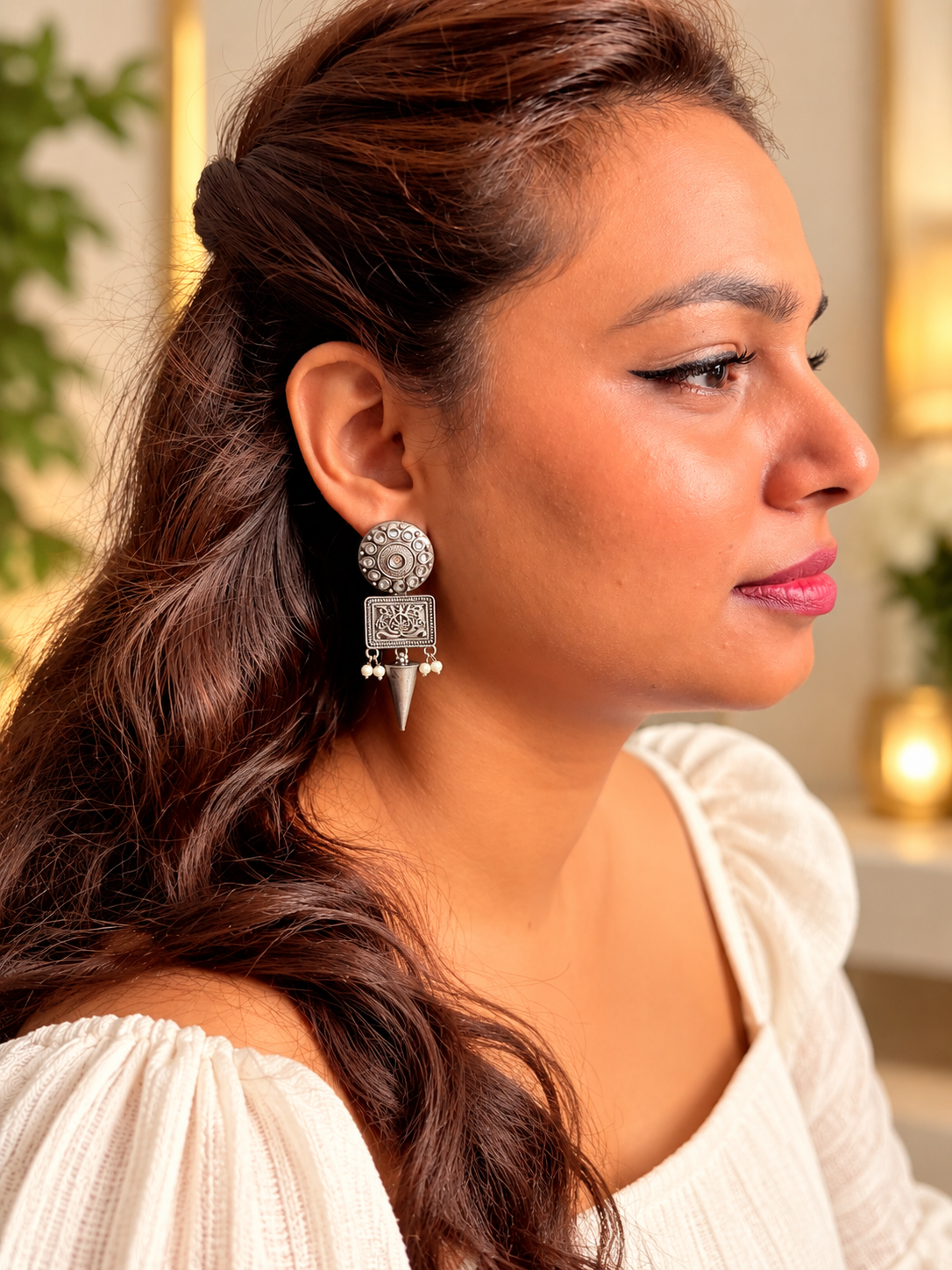 Angakh Oxidised Silver Tribal Cone Drop Earrings
