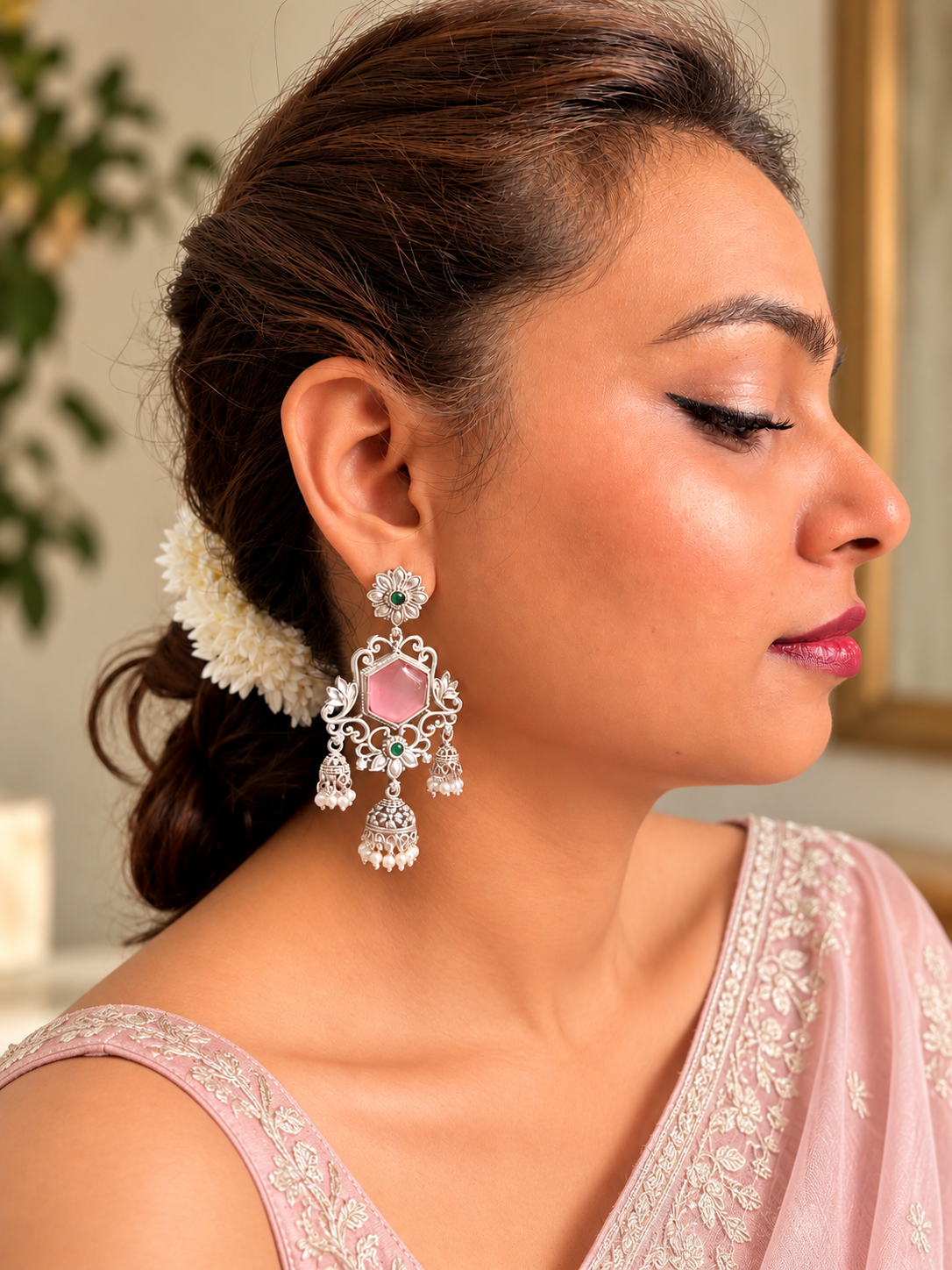 Angakh Statement Chandelier Earrings with Mini Jhumka & Pearl Drop