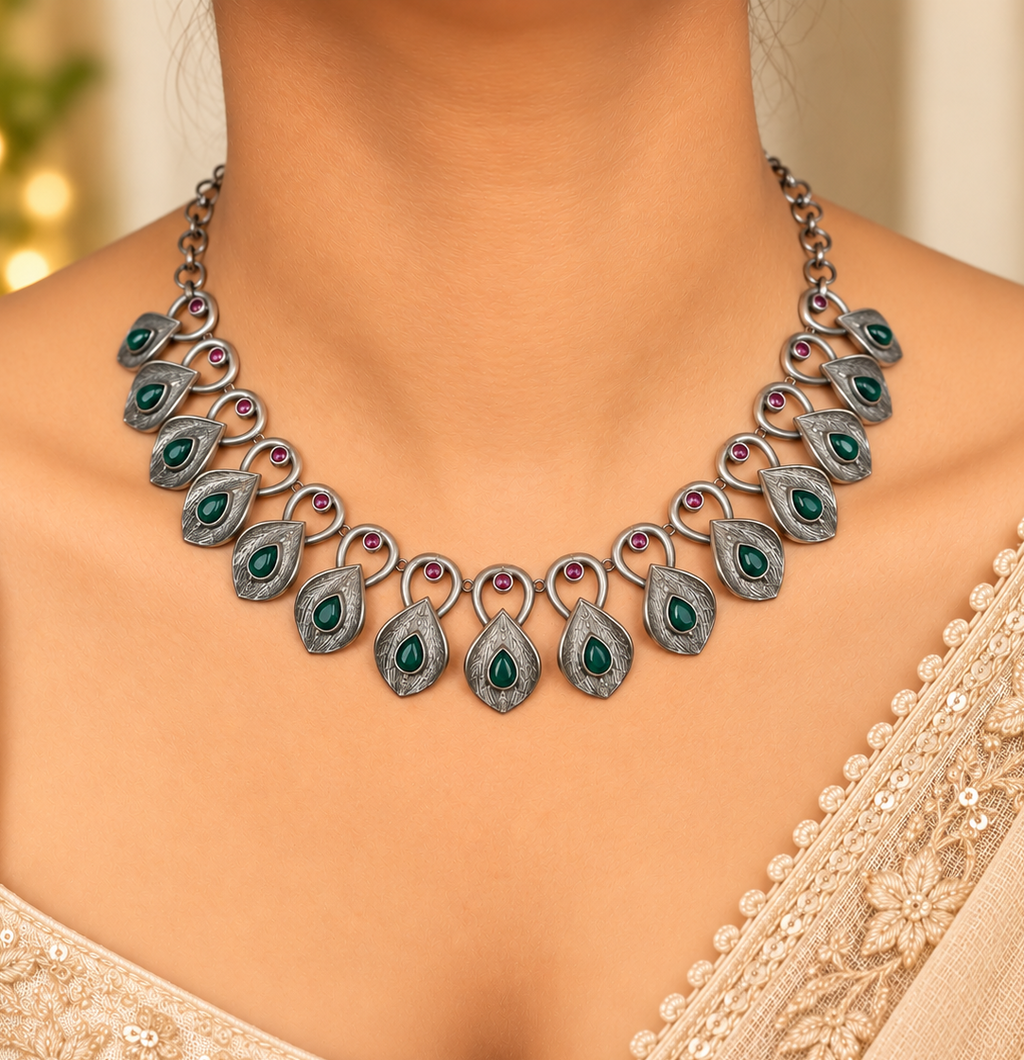 Angakh Antique Oxidized Silver plated  Leaf Motif Stone Necklace
