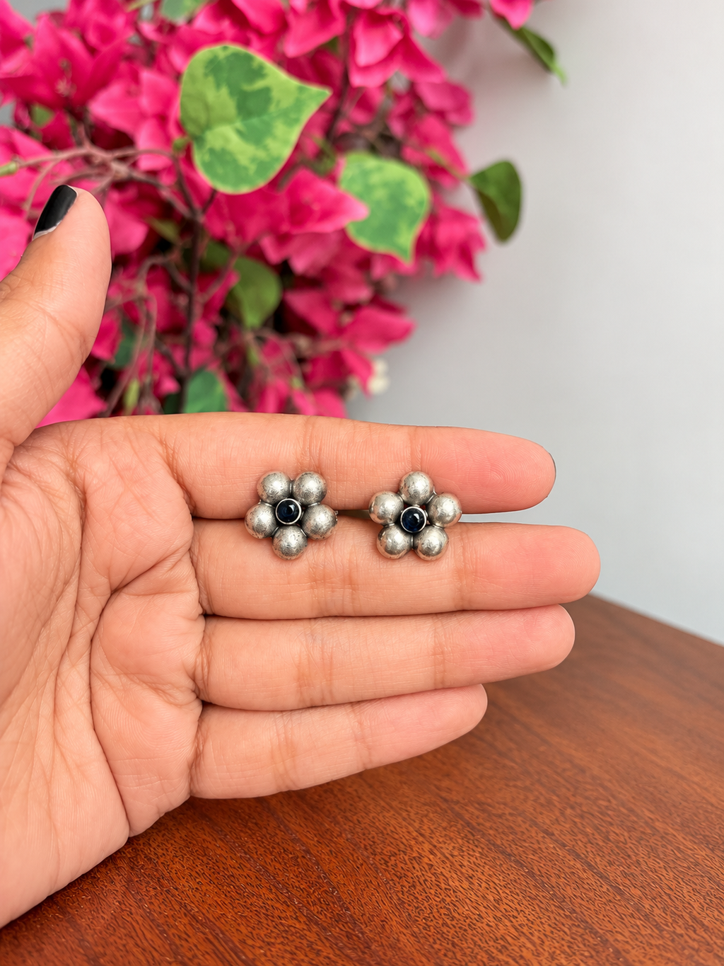 Angakh Oxidised Silver Blue Stone Floral Stud Earrings for Women & Girls