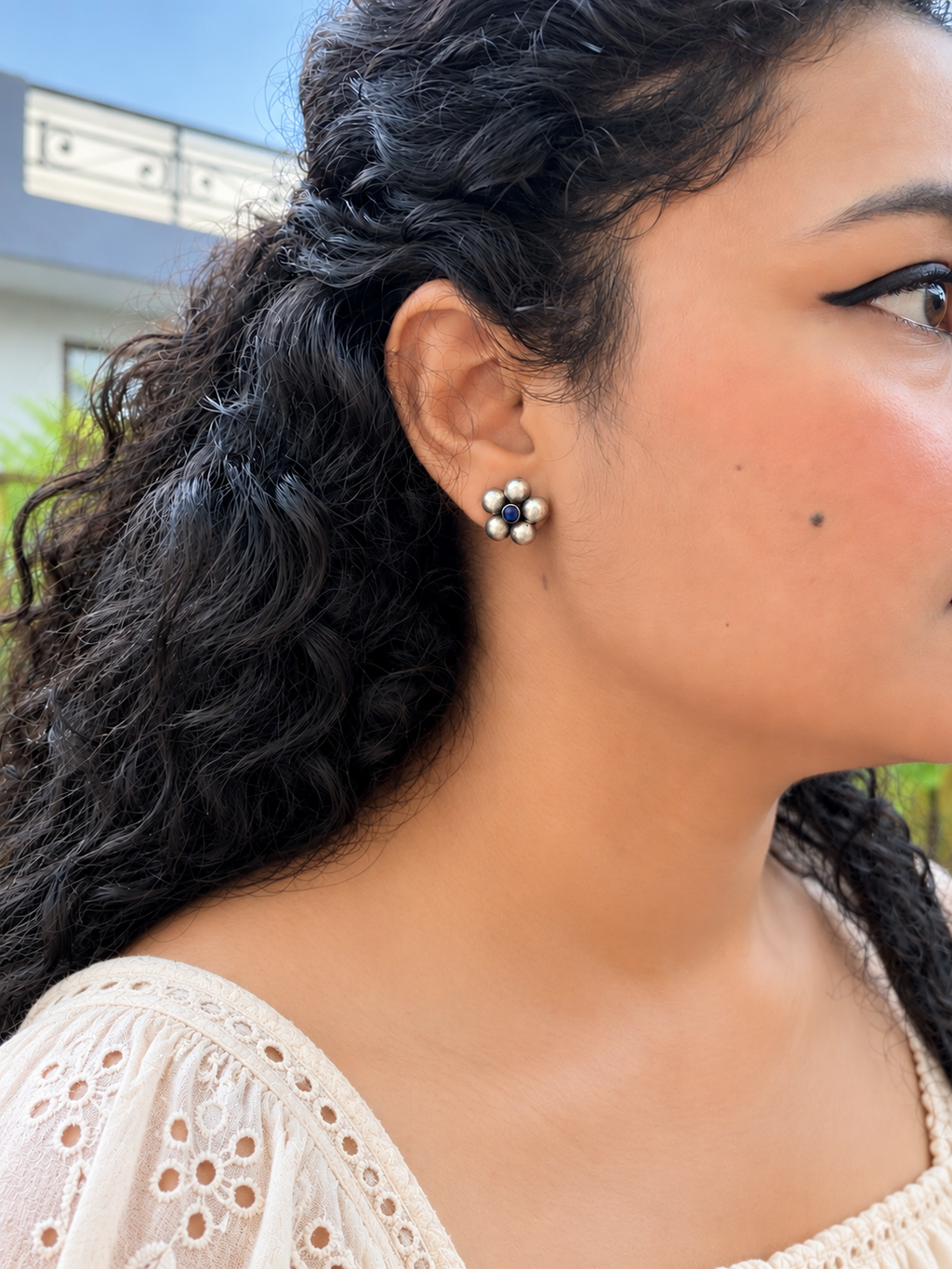 Angakh Oxidised Silver Blue Stone Floral Stud Earrings for Women & Girls