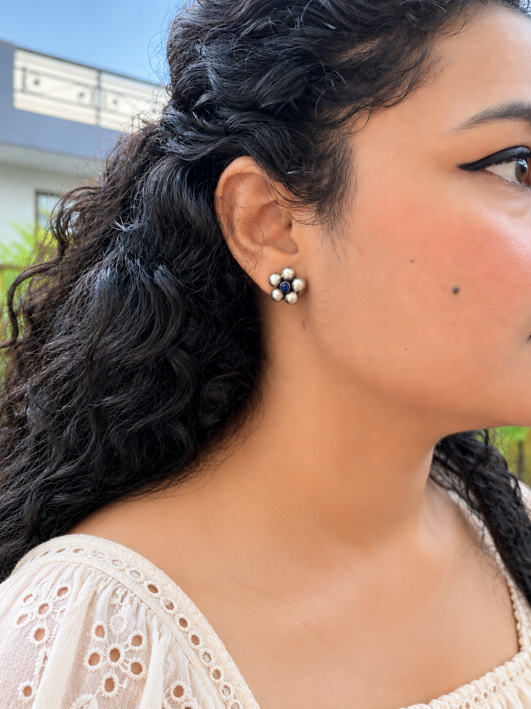 Angakh Oxidised Silver Blue Stone Floral Stud Earrings for Women & Girls