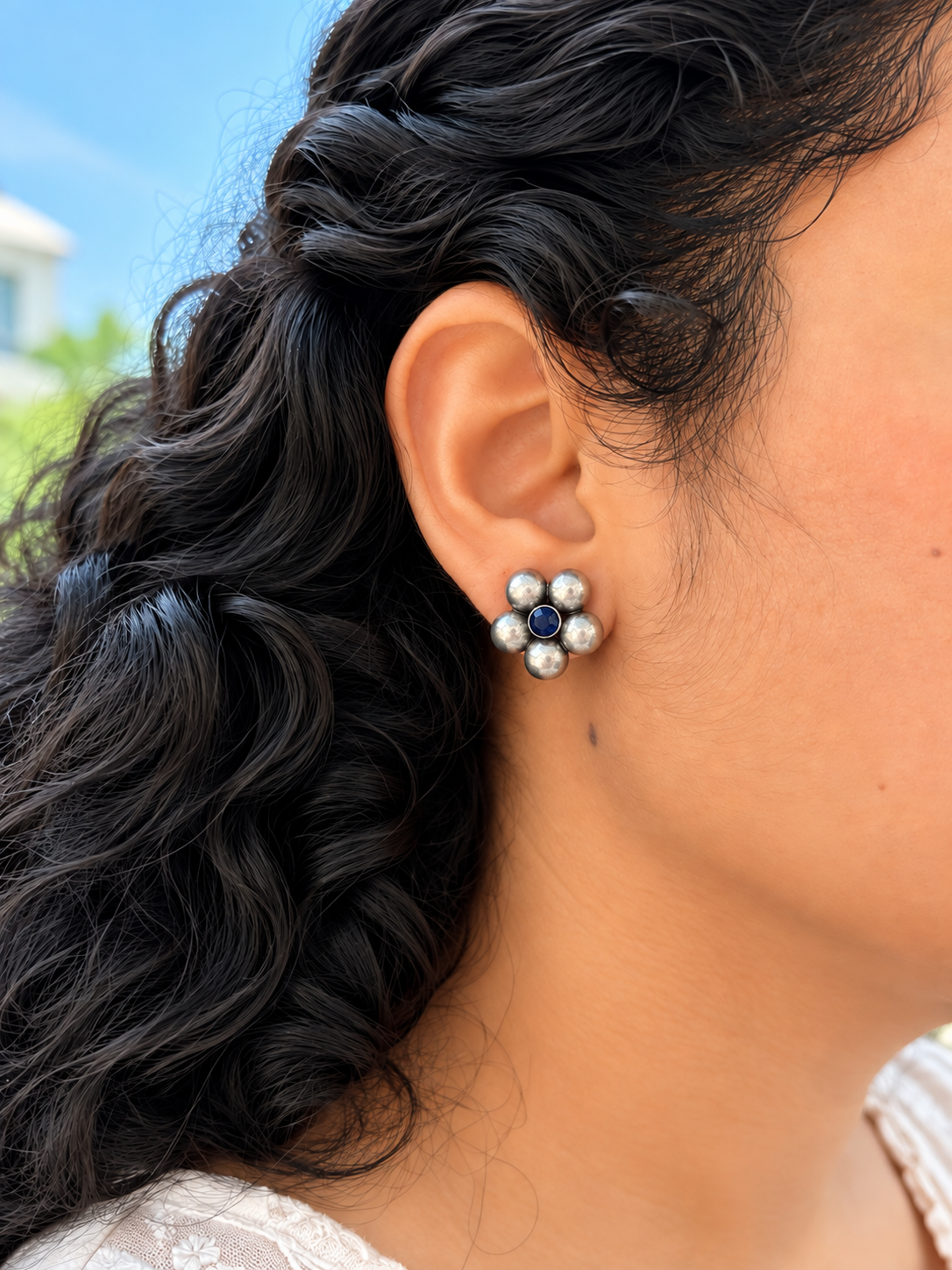 Angakh Oxidised Silver Blue Stone Floral Stud Earrings for Women & Girls