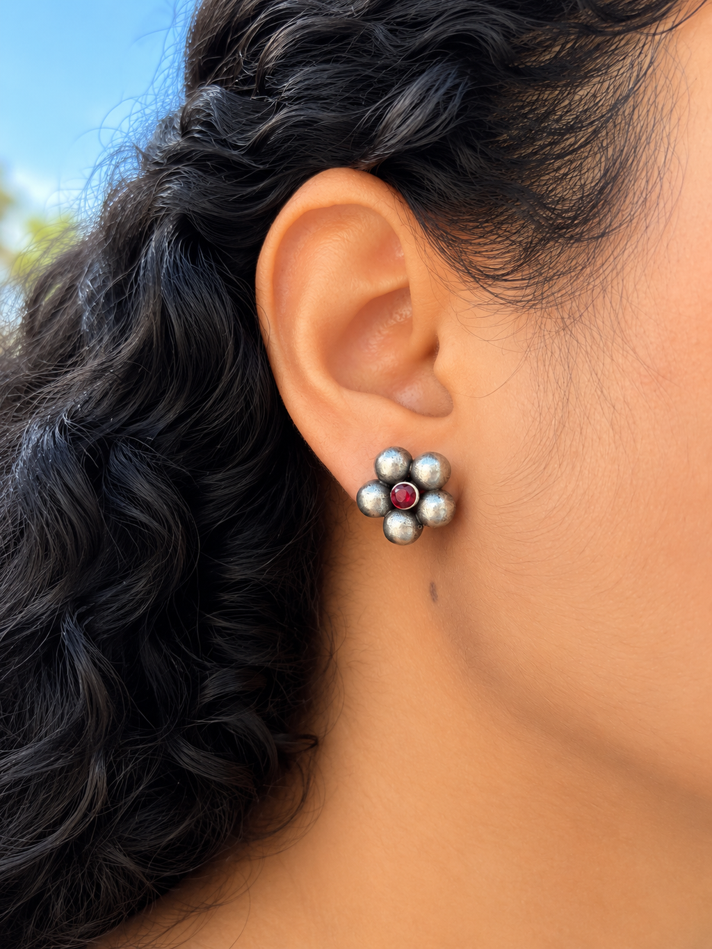 Angakh Oxidised Silver Blue Stone Floral Stud Earrings for Women & Girls
