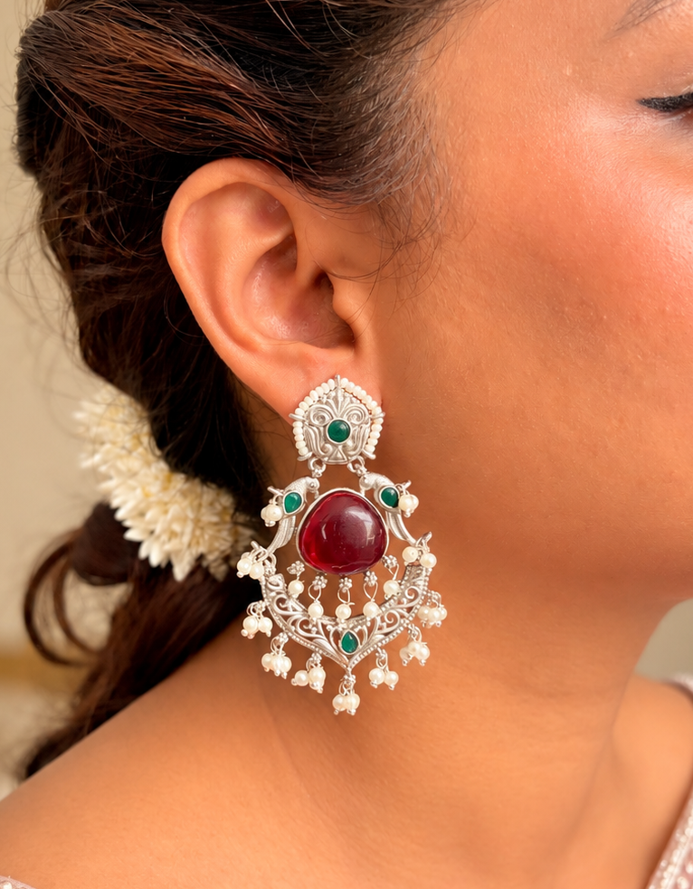 Angakh Ruby Red & Emerald Green Stone Chandbali Dangler Earrings