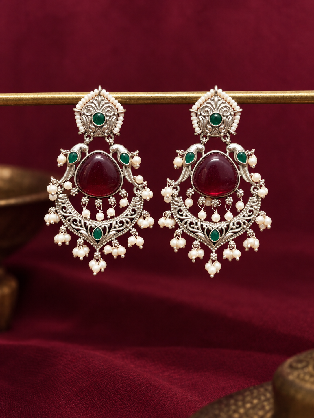 Angakh Ruby Red & Emerald Green Stone Chandbali Dangler Earrings