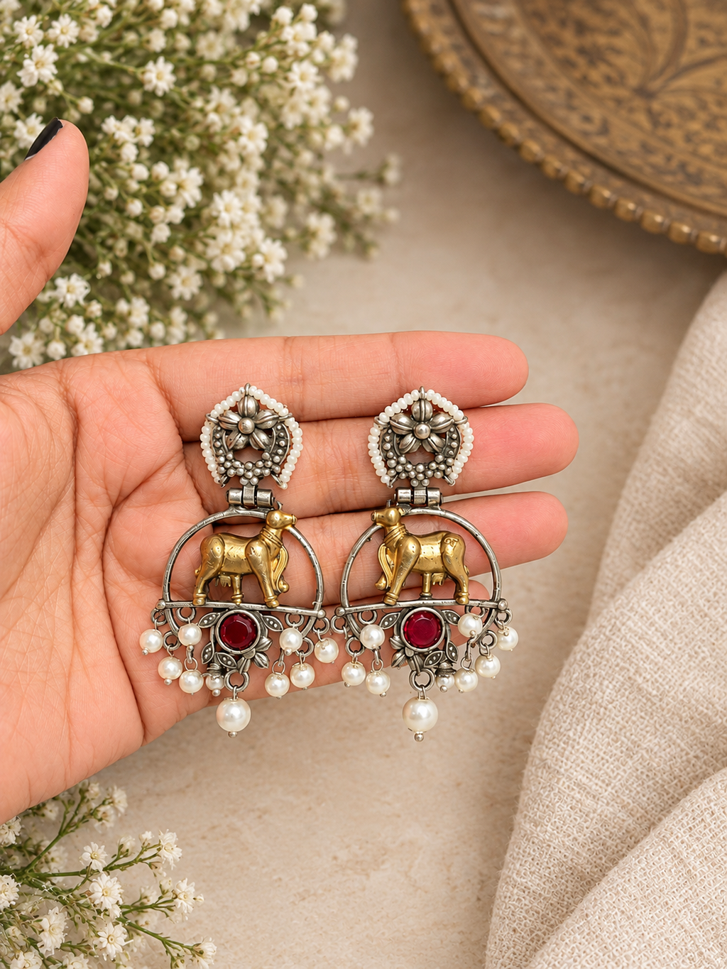 Angakh Pichwai Sacred Cow Dual tone Oxidised Silver Dangle Earrings