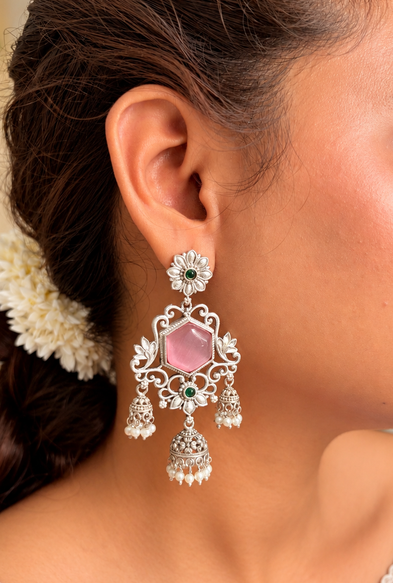 Angakh Statement Chandelier Earrings with Mini Jhumka & Pearl Drop