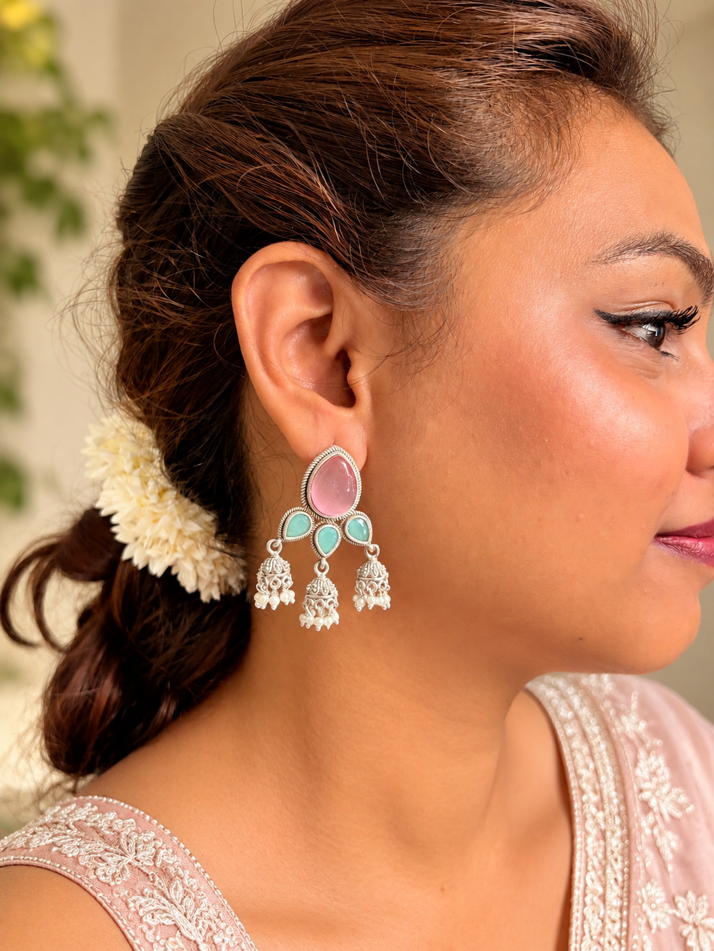 Angakh Teardrop Statement Earrings with Triple Jhumka Pearl Drops