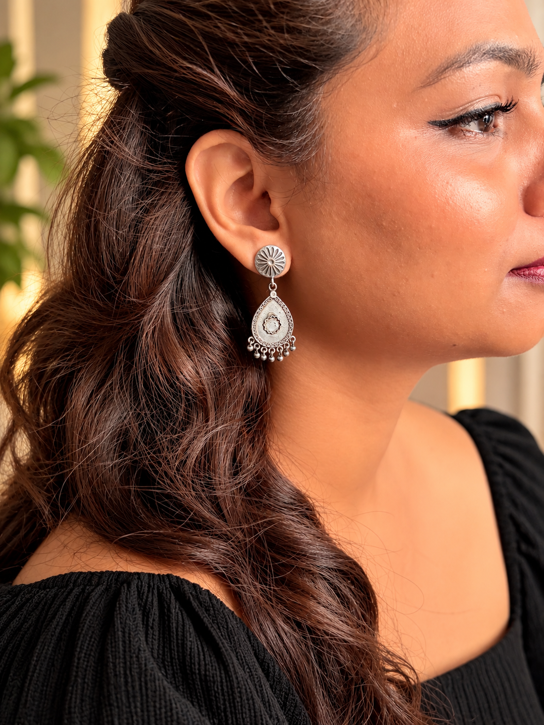 Angakh Oxidised Silver Antique Teardrop Ghunghru Earrings