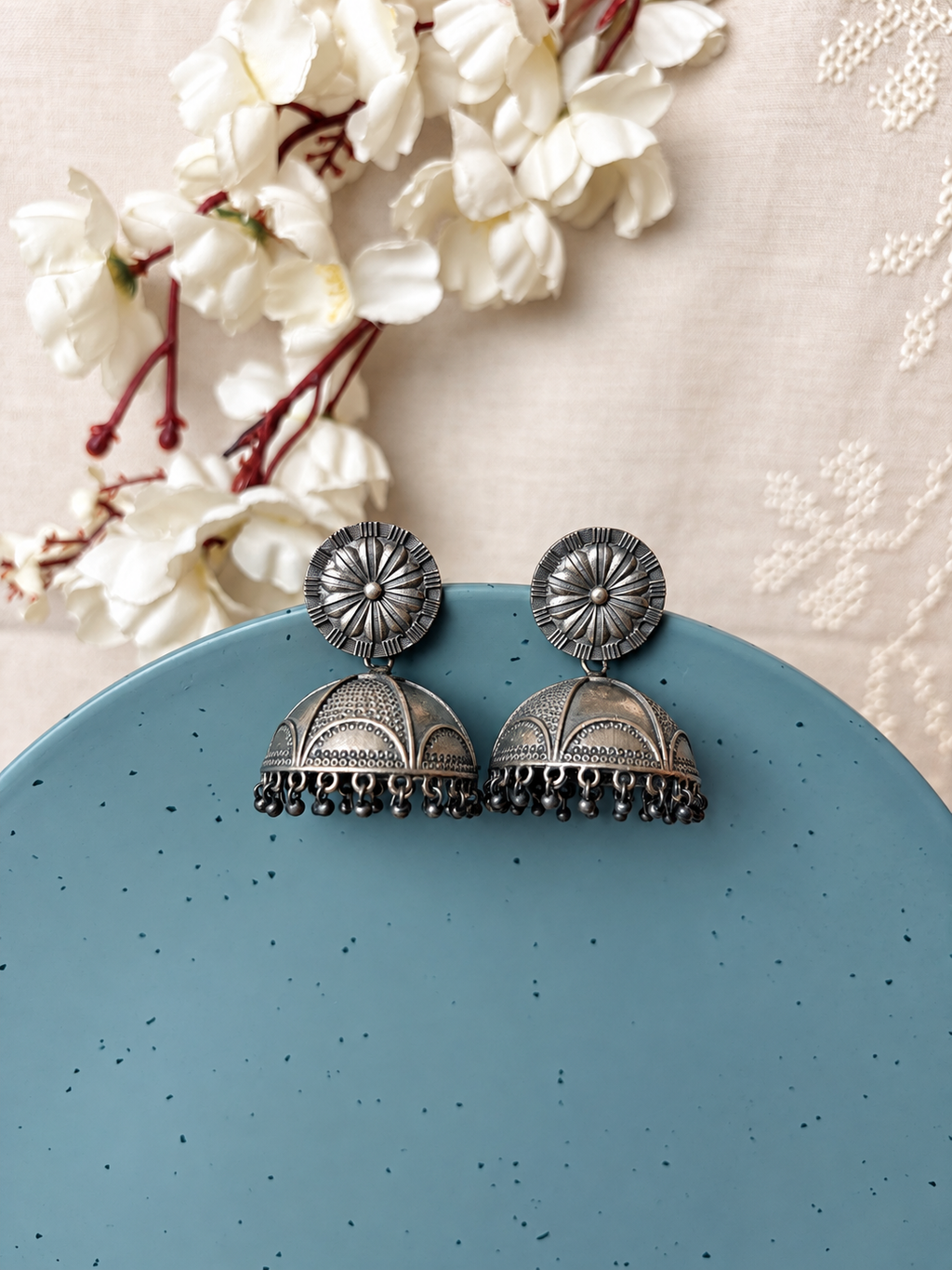 Angakh Oxidized Silver  Floral Dome Jhumka Earrings
