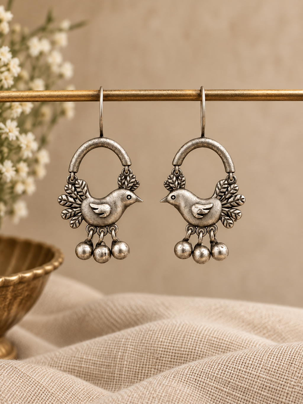 Angakh Oxidised Silver bird Ghunghru Earrings