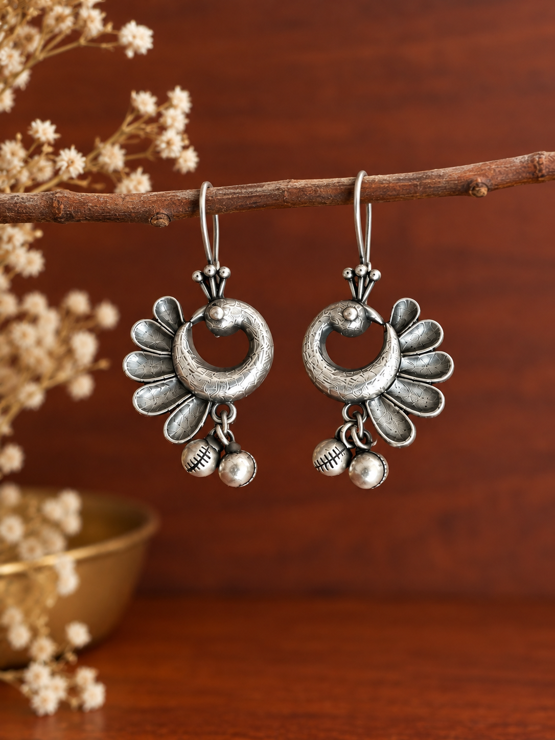 Angakh Oxidised Silver Peacock Floral Ghungroo Drop Earrings