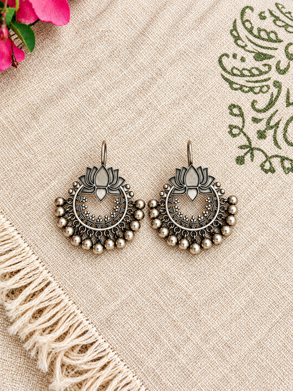 Angakh Oxidised Silver Lotus Ghungroo Earrings