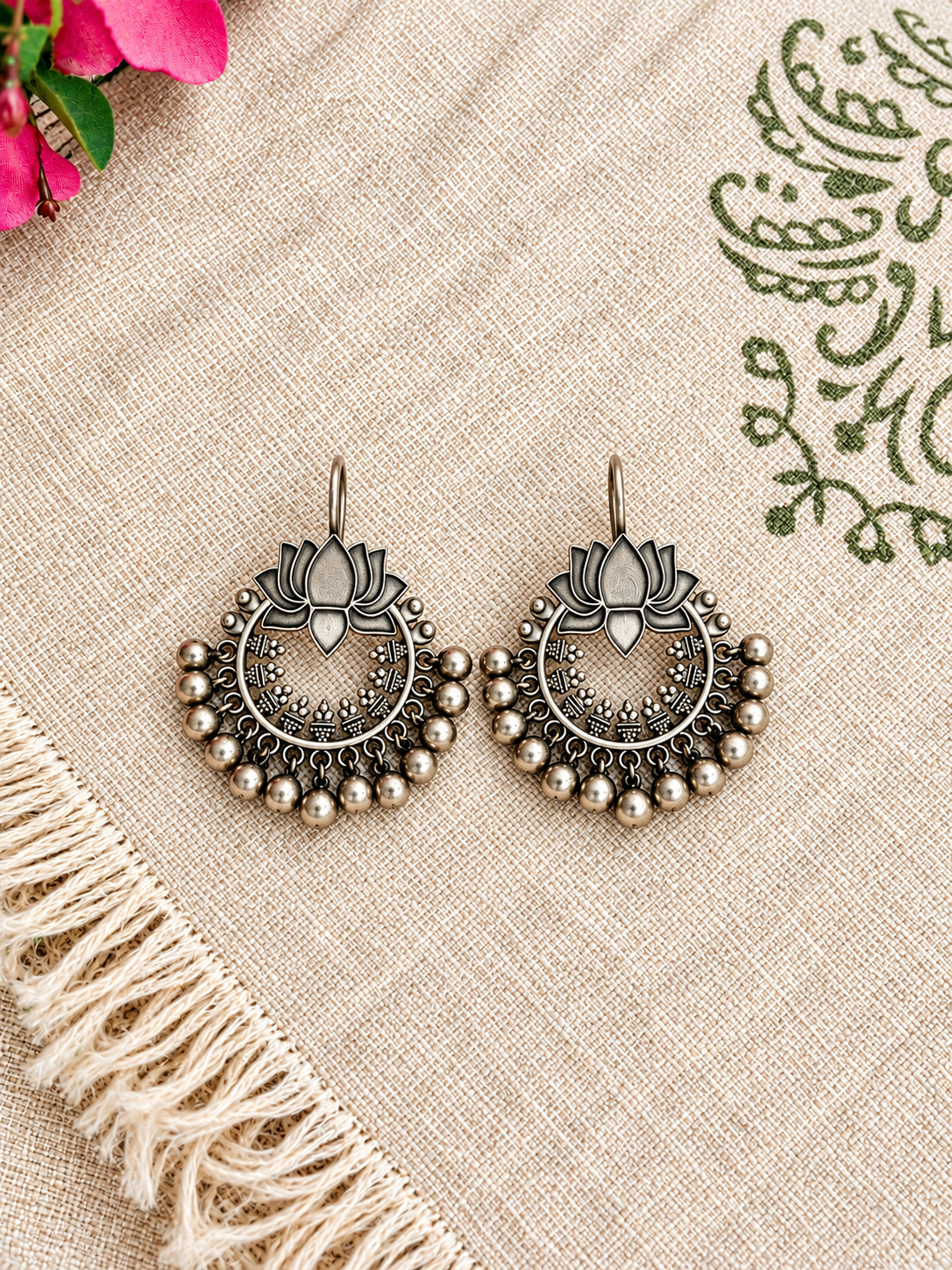 Angakh Oxidised Silver Lotus Ghungroo Earrings