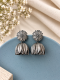 Oxidised Silver Lotus Petal Dome Jhumka Earrings with Floral Stud - Angakh oxidised silver earrings