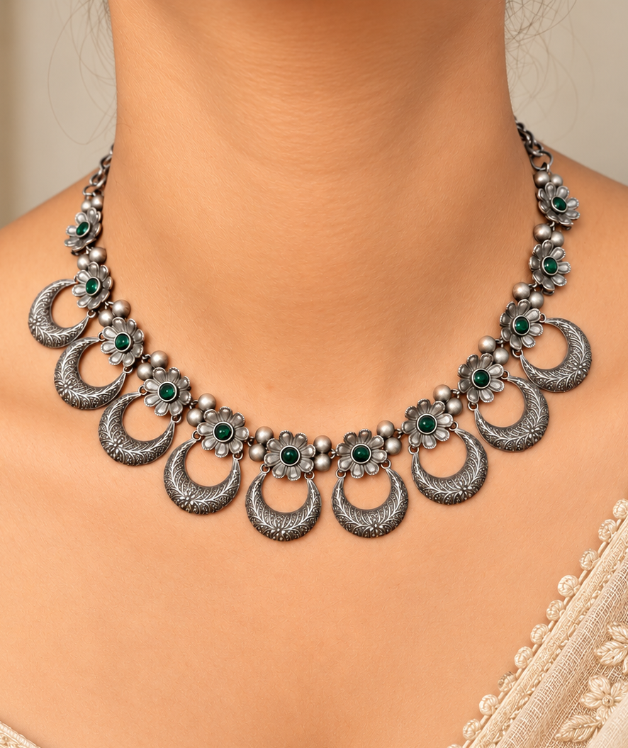 Angakh Antique Oxidised Silver Crescent Moon Choker Necklace & Stud Earrings Set