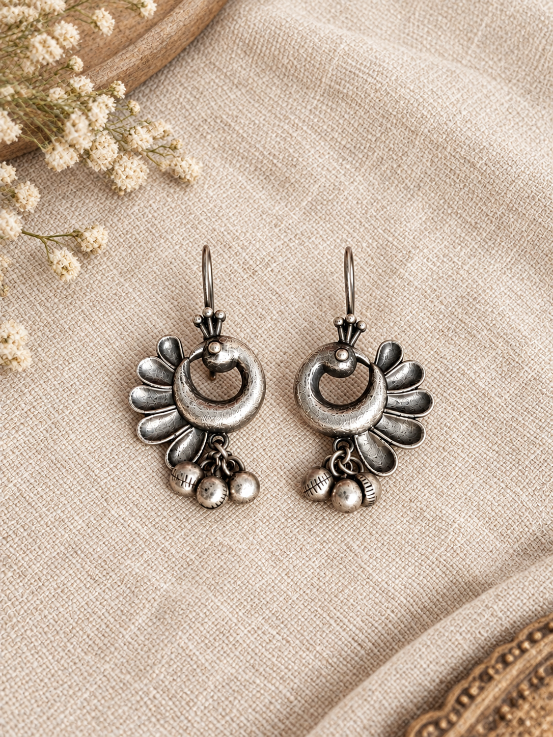 Angakh Oxidised Silver Peacock Floral Ghungroo Drop Earrings