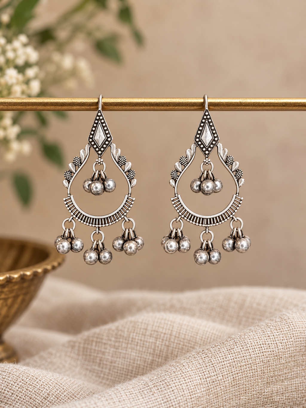 Angakh Oxidised Silver traditional statement Ghunghru Earrings