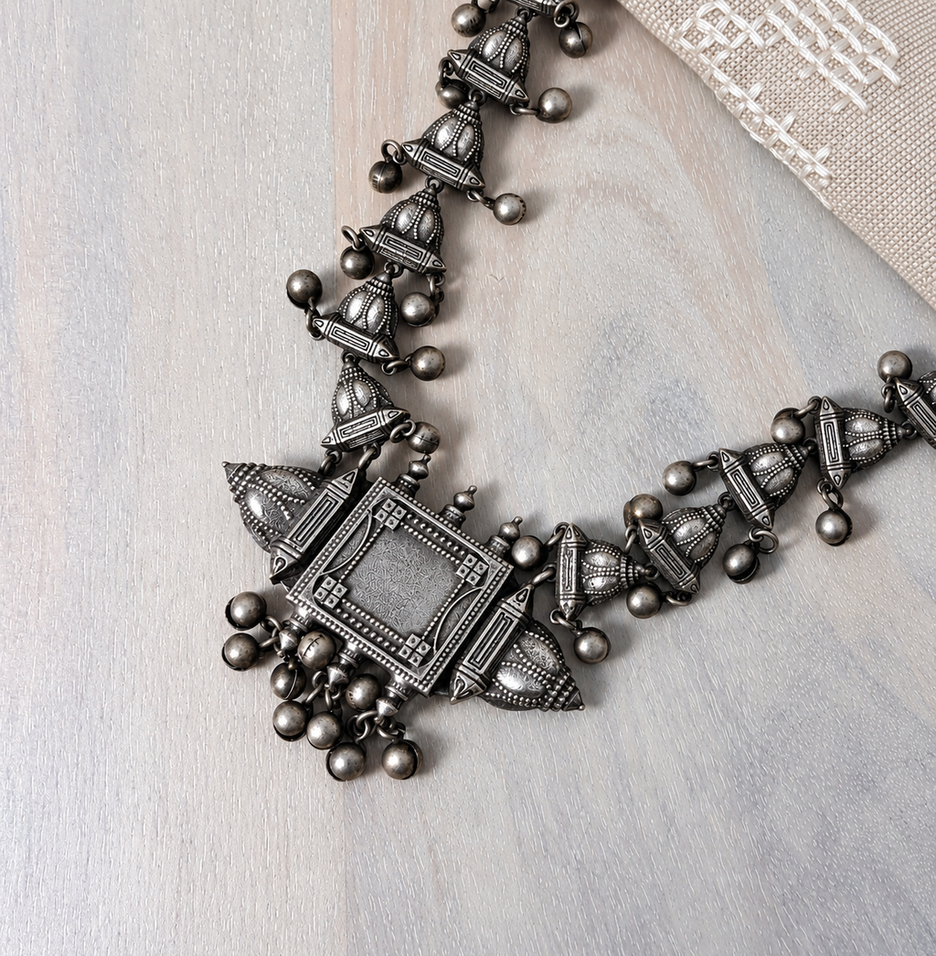 Angakh Oxidized Silver plated Temple Long Haram Necklace Set with Matching Jhumka Earrings