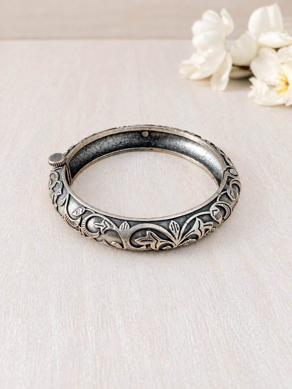 Angakh Silver Oxidised Carved Floral Vine Bracelet