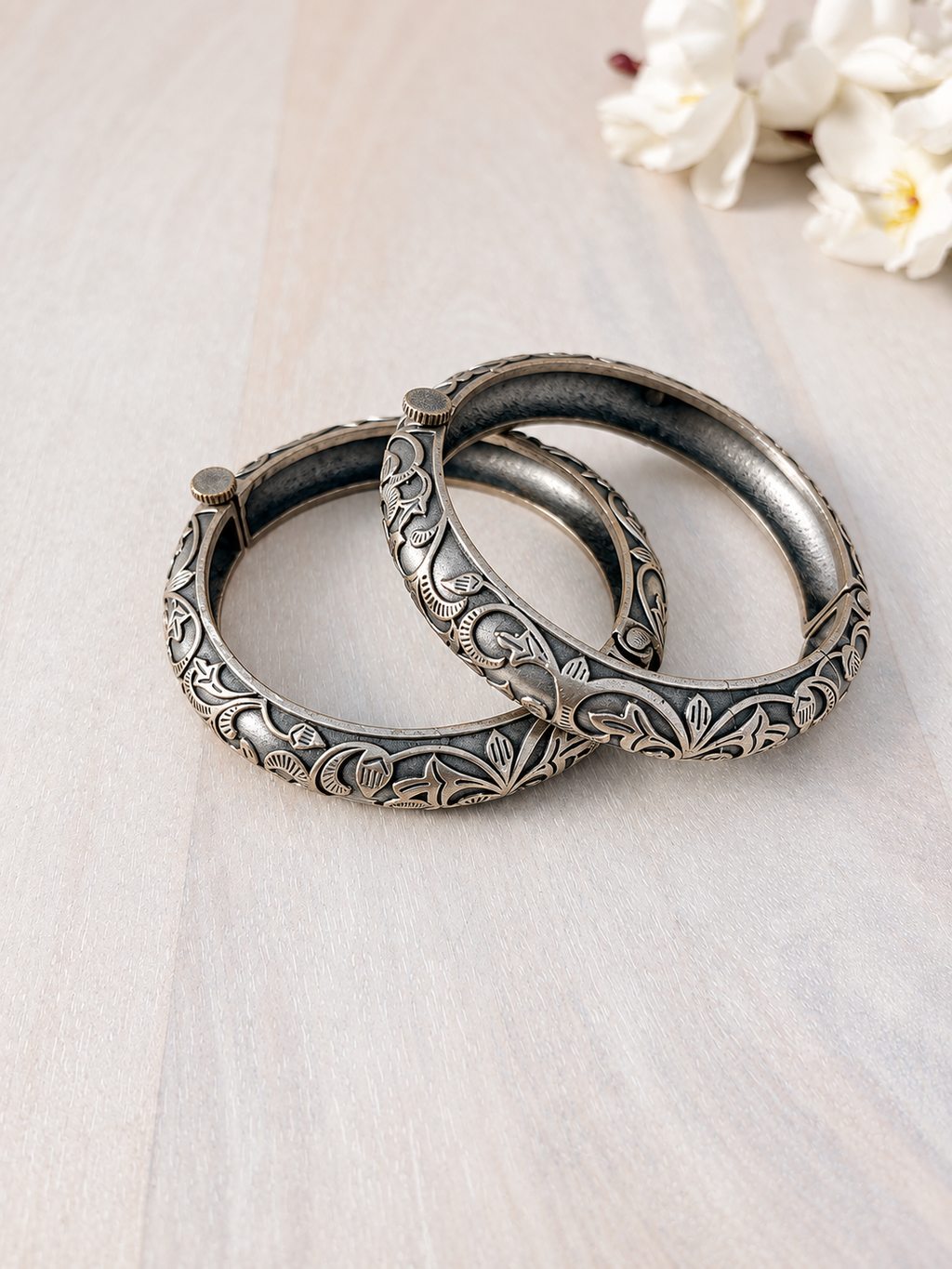 Angakh Silver Oxidised Carved Floral Vine Bracelet
