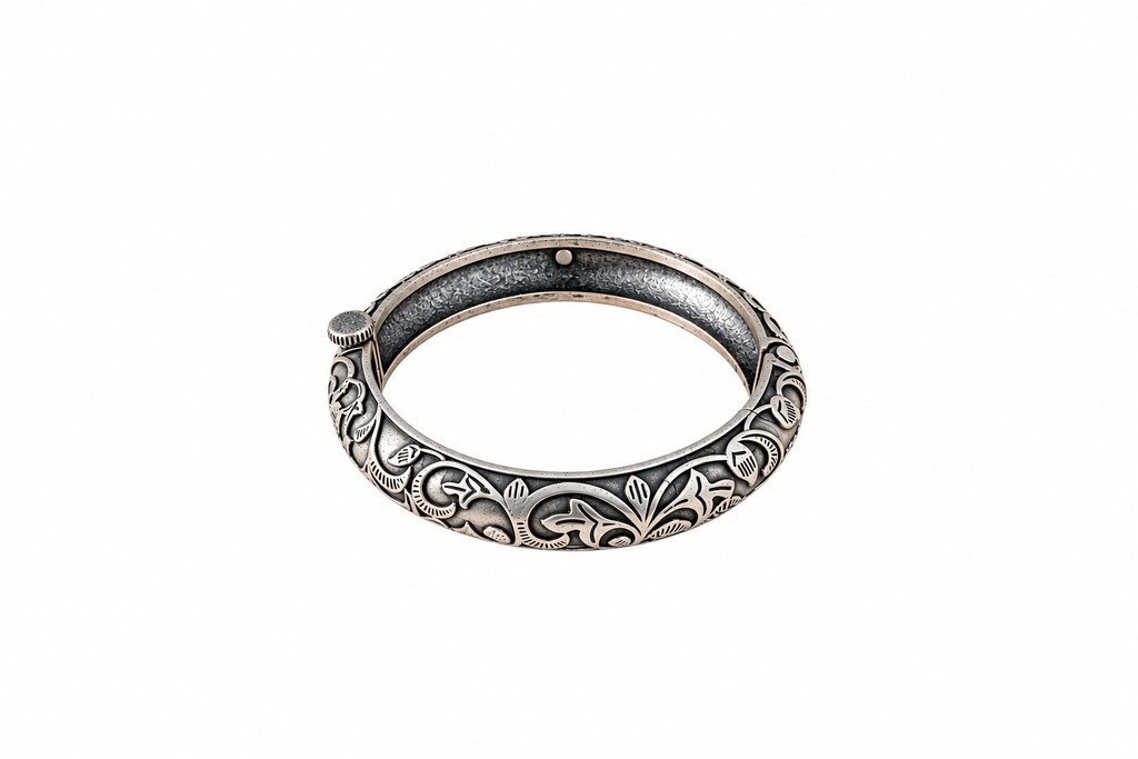 Angakh Silver Oxidised Carved Floral Vine Bracelet