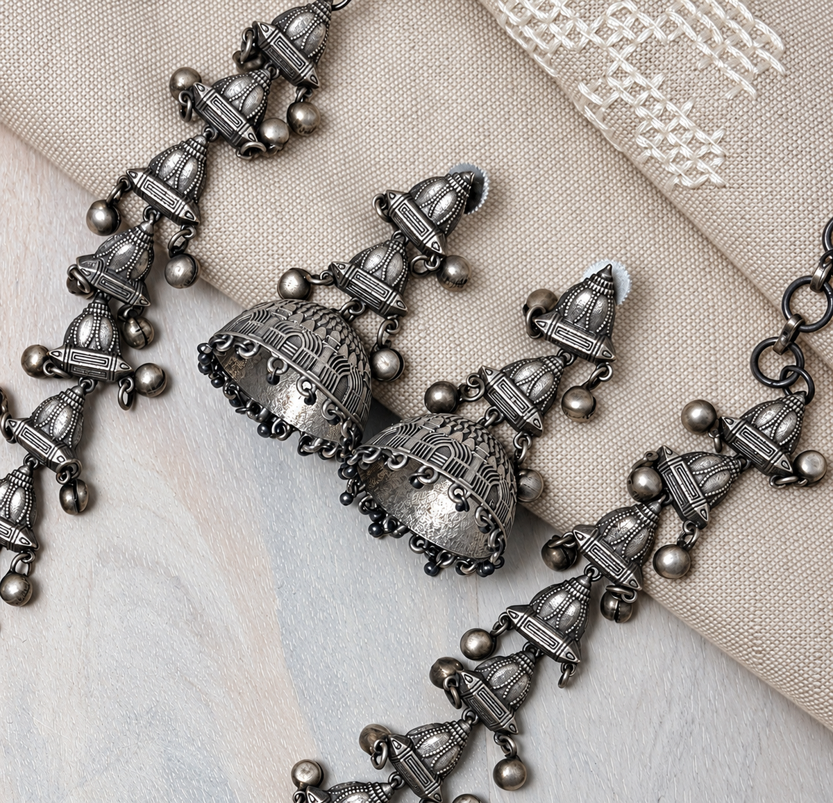 Angakh Oxidized Silver plated Temple Long Haram Necklace Set with Matching Jhumka Earrings
