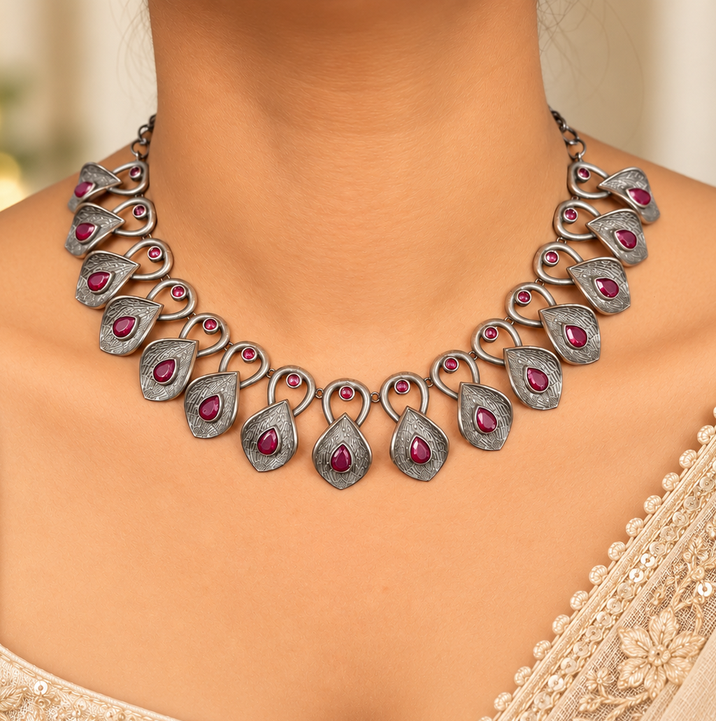 Angakh Antique Oxidized Silver plated  Leaf Motif Stone Necklace