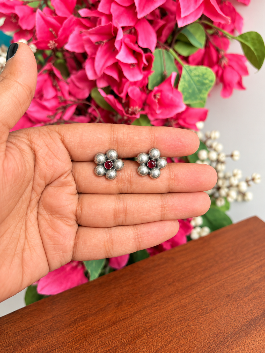 Angakh Oxidised Silver Blue Stone Floral Stud Earrings for Women & Girls