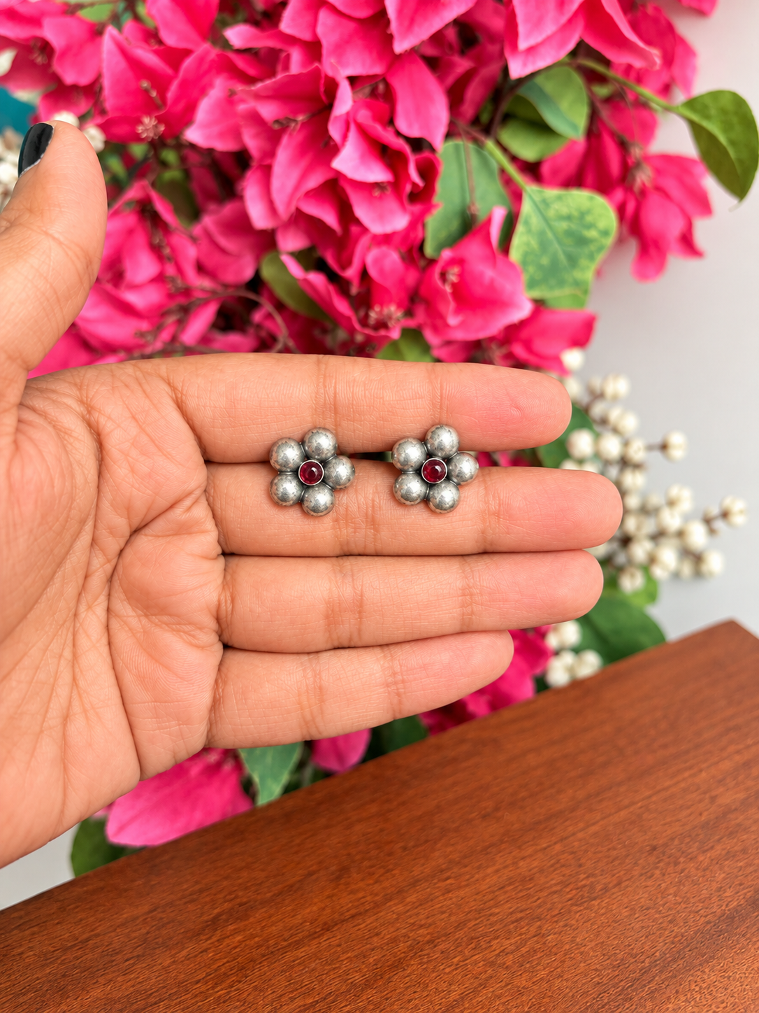Angakh Oxidised Silver Blue Stone Floral Stud Earrings for Women & Girls