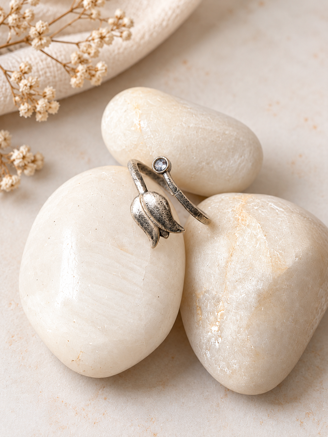 Angakh Oxidized Silver Tulip Flower Wrap Ring with Small Clear Stone Accent