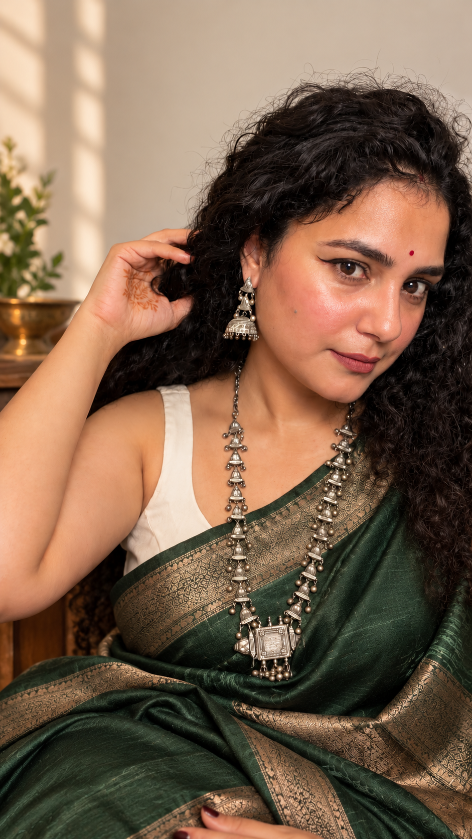 Angakh Oxidized Silver plated Temple Long Haram Necklace Set with Matching Jhumka Earrings