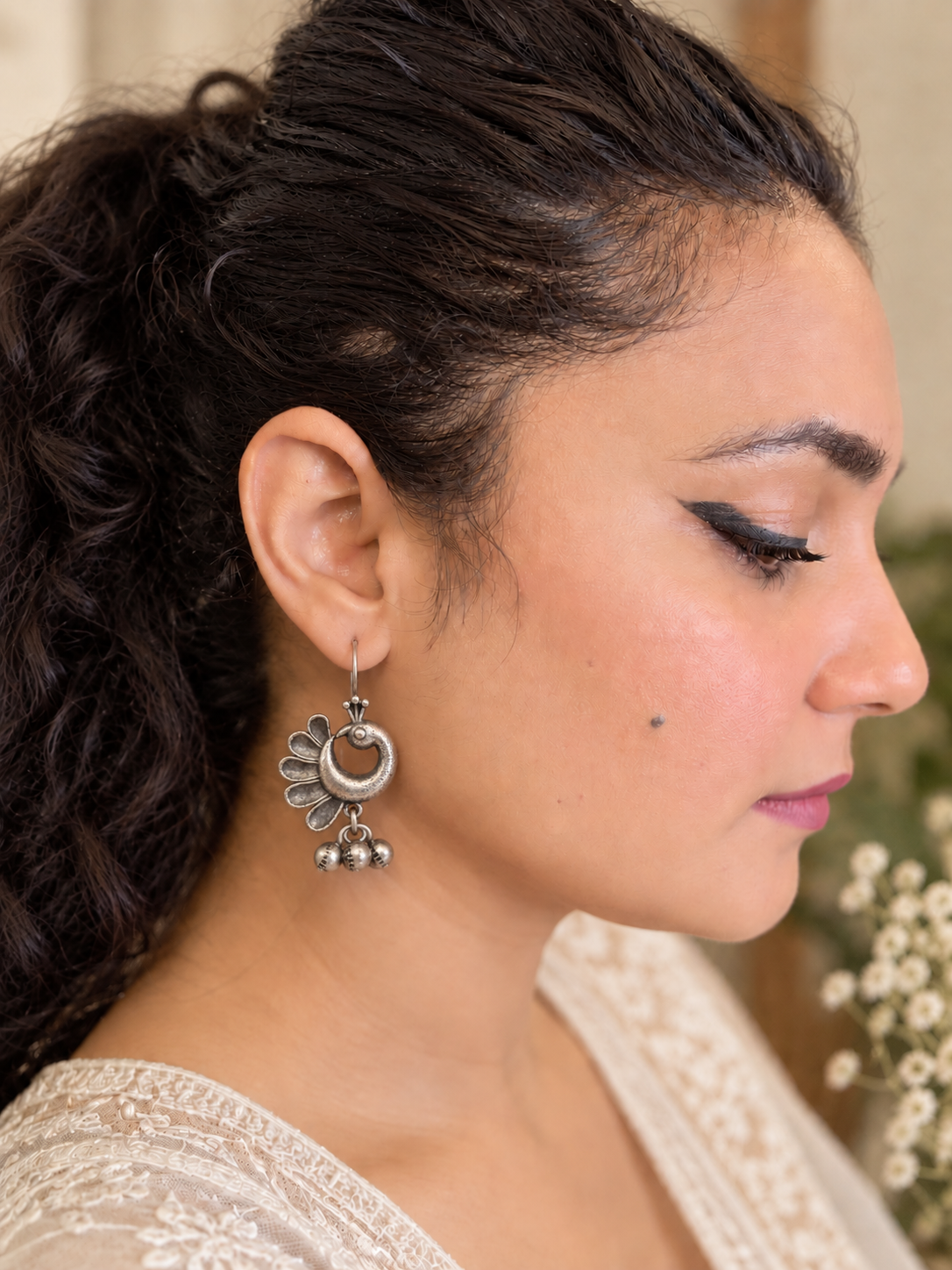 Angakh Oxidised Silver Peacock Floral Ghungroo Drop Earrings