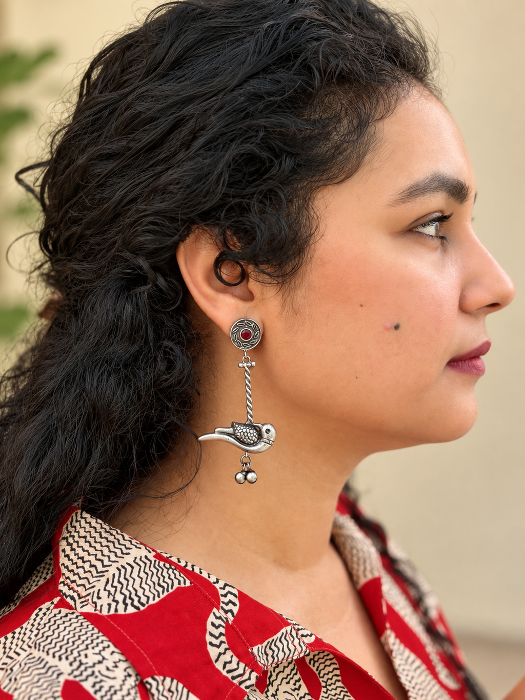 Angakh Oxidised Silver Parrot Ghunghru Earrings with Red stone for Women